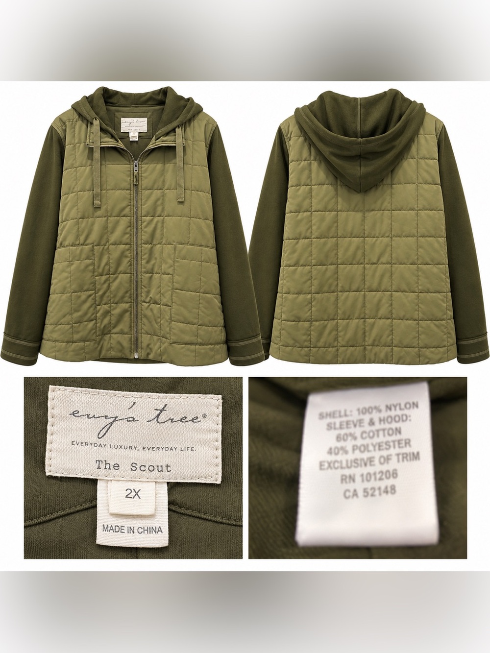 Evy’s Tree The Scout Olive Green Quilted Hooded Jacket 2X